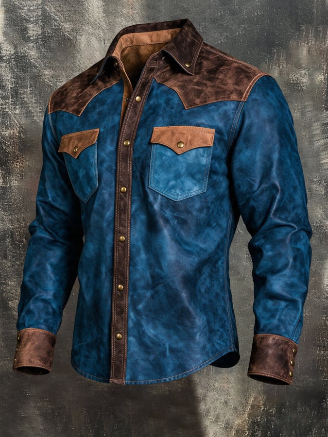 Men'S Retro Western-Style Long-Sleeve Shirt With Leather Paneling And Color-Blocking