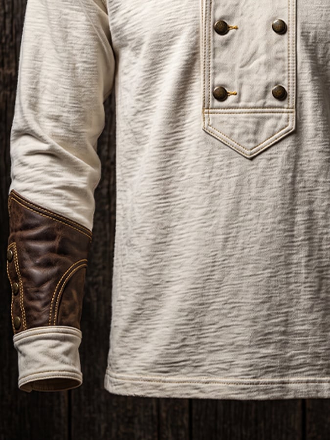 Men's Vintage Double-Breasted Polo Shirt with Leather Paneling