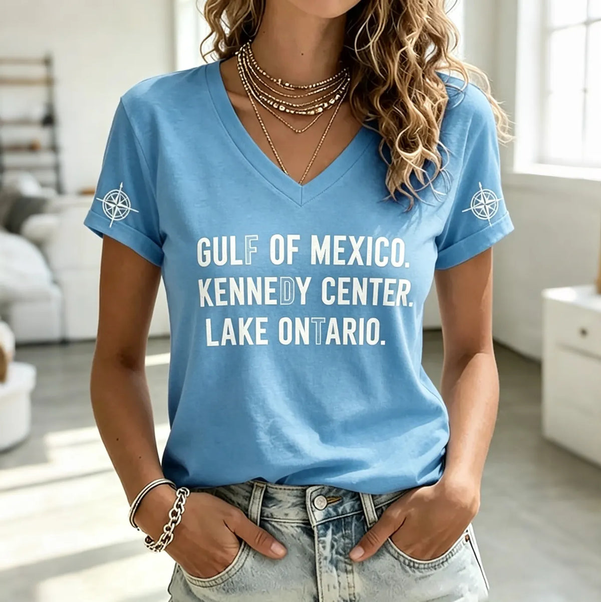 V Neck Retro Fdt Gulf Of Mexico. Kennedy Center. Lake Ontario. Print T-shirt