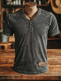 Men's vintage style classic washed leather V-neck button-front short-sleeved T-shirt