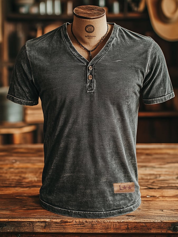 Men's vintage style classic washed leather V-neck button-front short-sleeved T-shirt