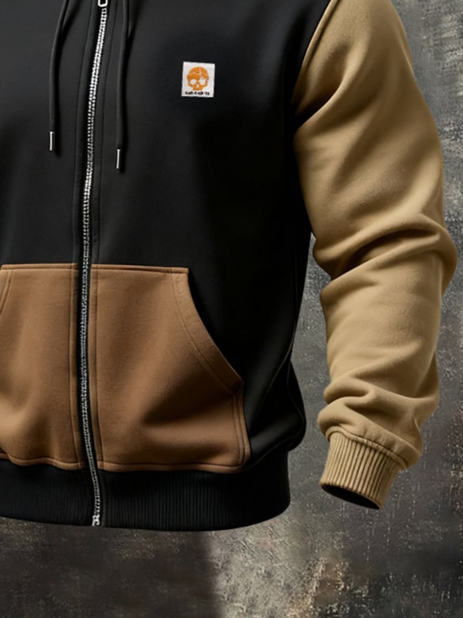 Men'S Retro Color-Block Print Zip-Up Hoodie