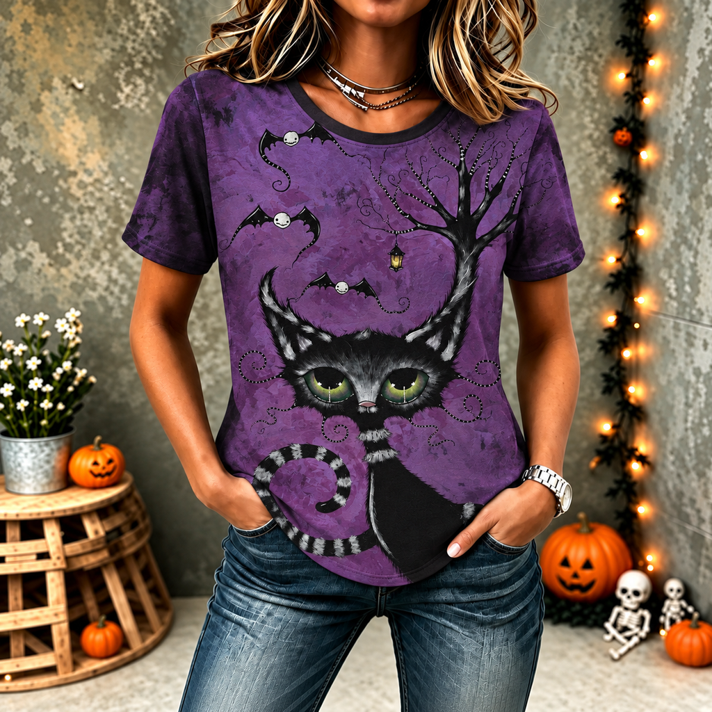 Women's Vintage Gothic Halloween Cat Print Comfy Print Tshirt