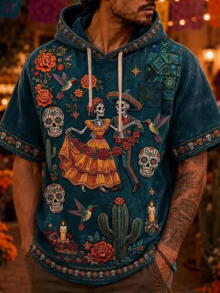 Men's Day Of The Dead Skeleton Couple And Marigold Print Hooded T-Shirt