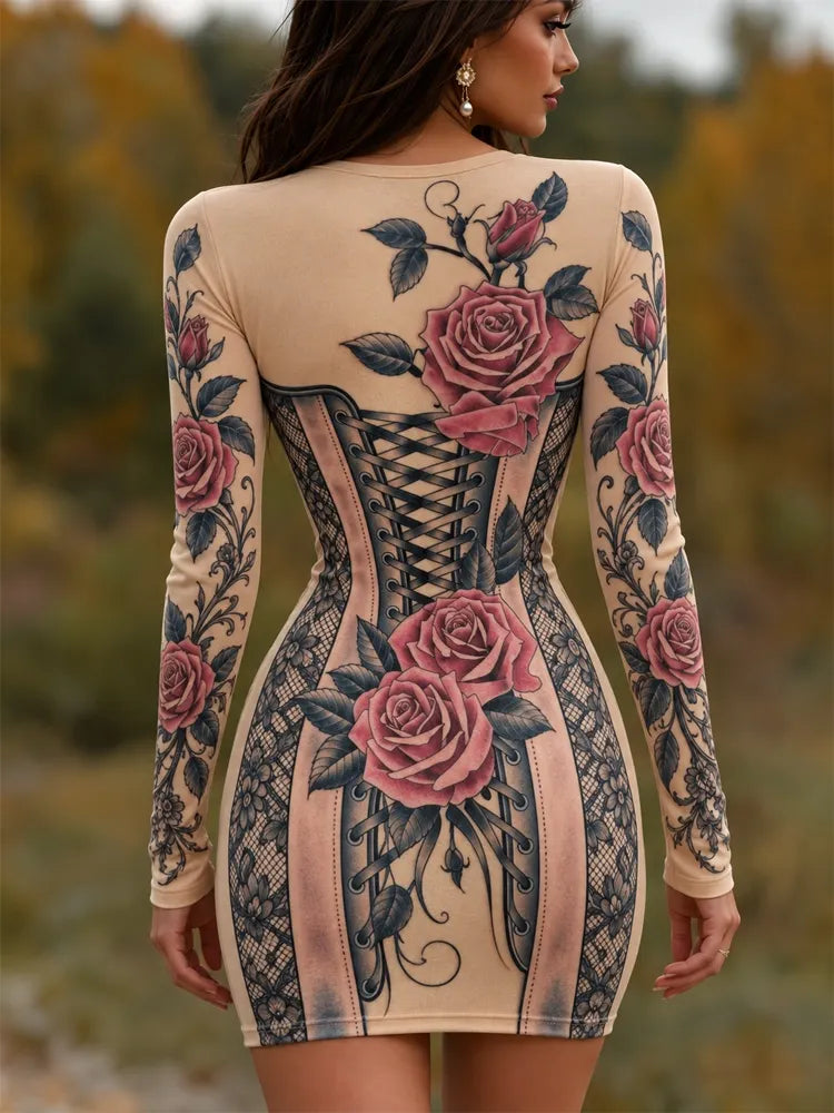 Women's Gothic Halloween American Traditional Tattoo Print Corset Rose Bodycon Dress