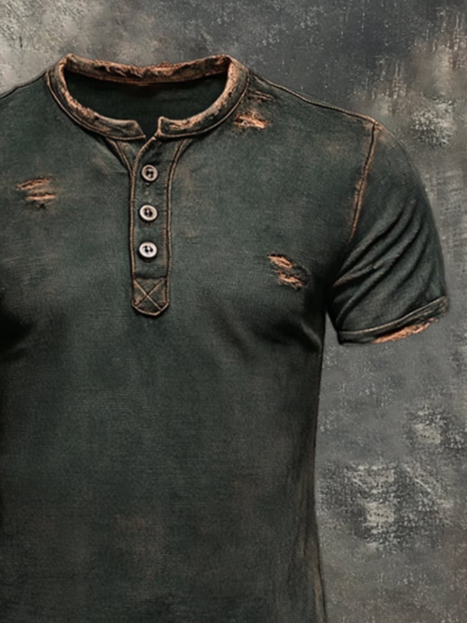Men's retro wash casual Henley short sleeve t-shirt