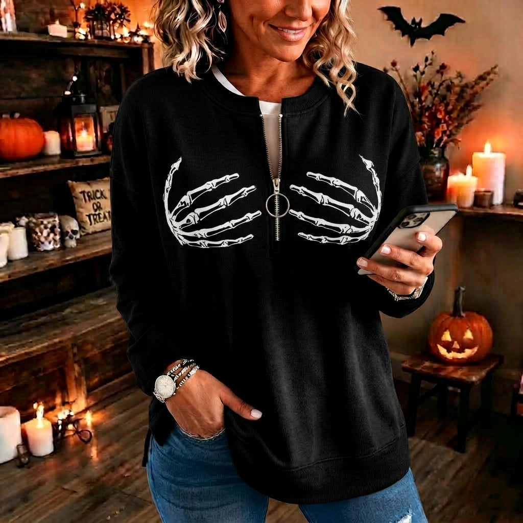 Women's Halloween Skeleton Finger Print Casual Half-zip Sweatshirt