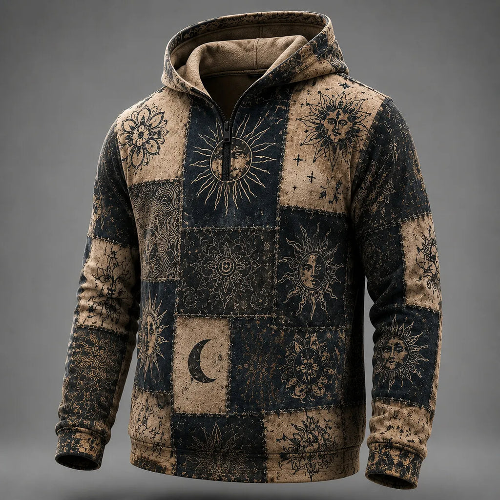 Men's Sun Moon Mandala Patchwork Print Zipper Hoodies