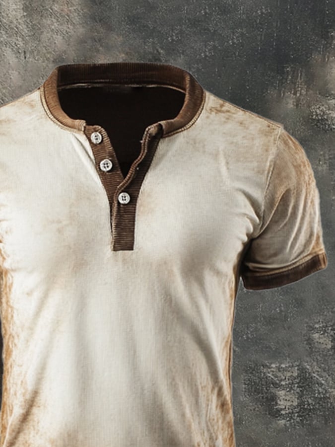 Men's Vintage Color Block Cotton Casual Henley Short Sleeve T-Shirt