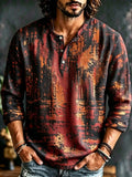 Men's Warm Grunge Abstract Color Swathes Print Henry Collar Long Sleeve T-Shirt