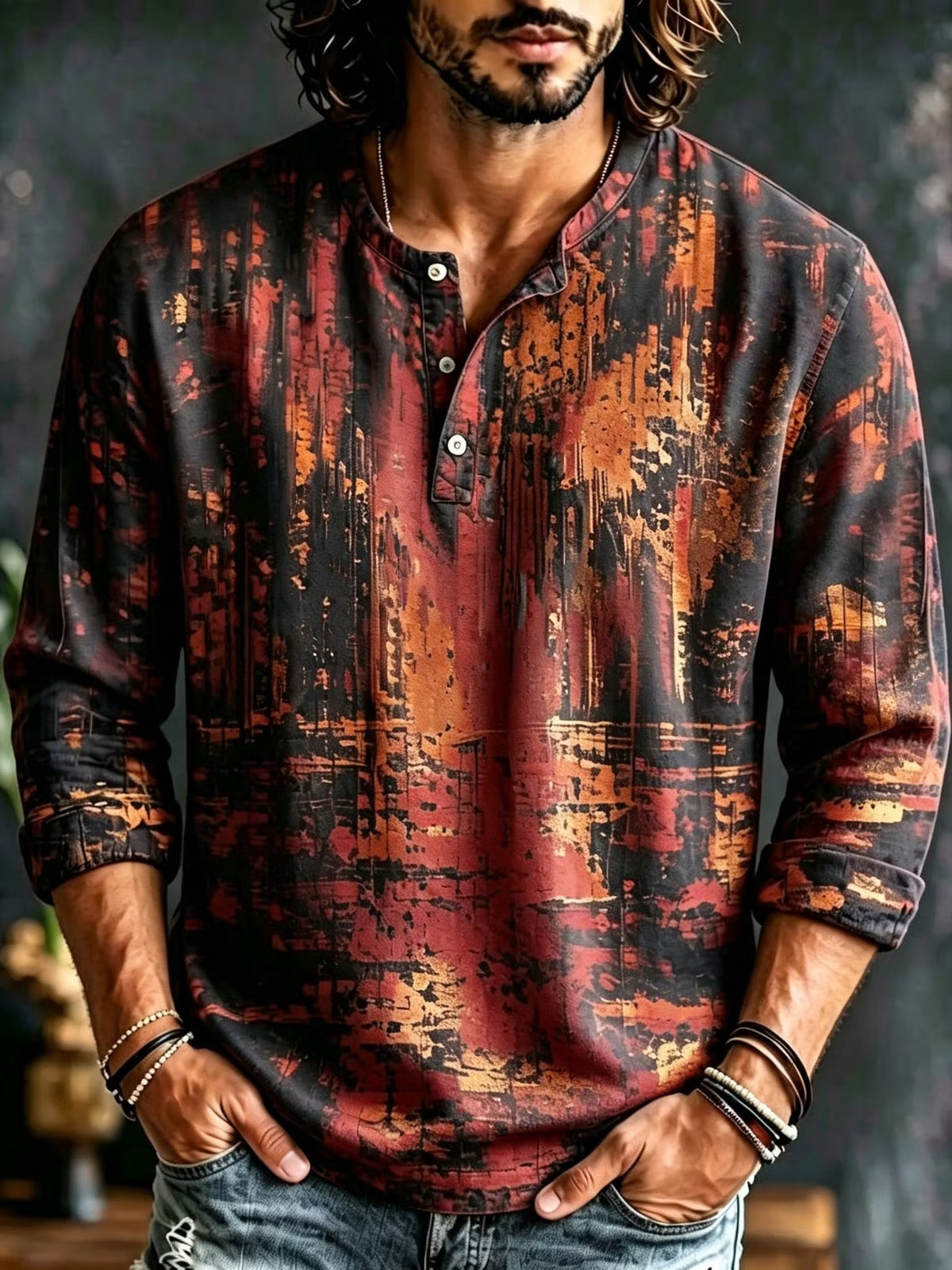 Men's Warm Grunge Abstract Color Swathes Print Henry Collar Long Sleeve T-Shirt