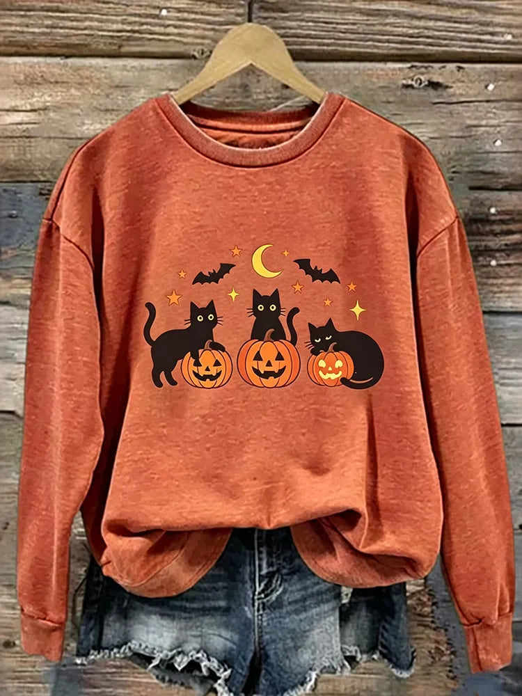 Women's Retro Halloween Black Cat Pumpkin Pattern Casual Sweatshirt