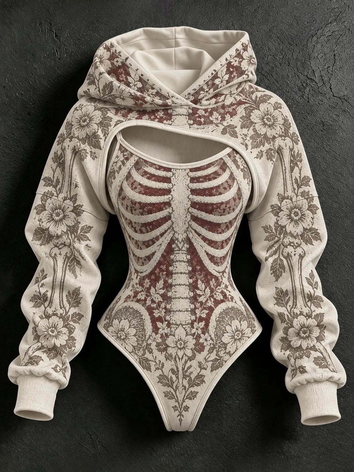 Women's Vintage Halloween Skeleton & Floral Print Casual Two-piece Set