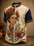 Men's Day Of The Dead Print Stand Collar Short Sleeve Shirt