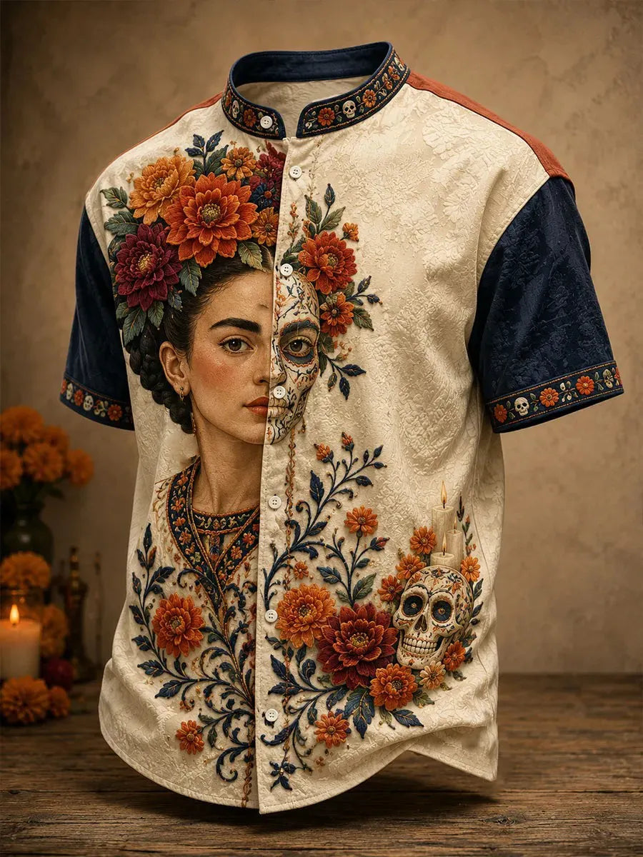 Men's Day Of The Dead Print Stand Collar Short Sleeve Shirt