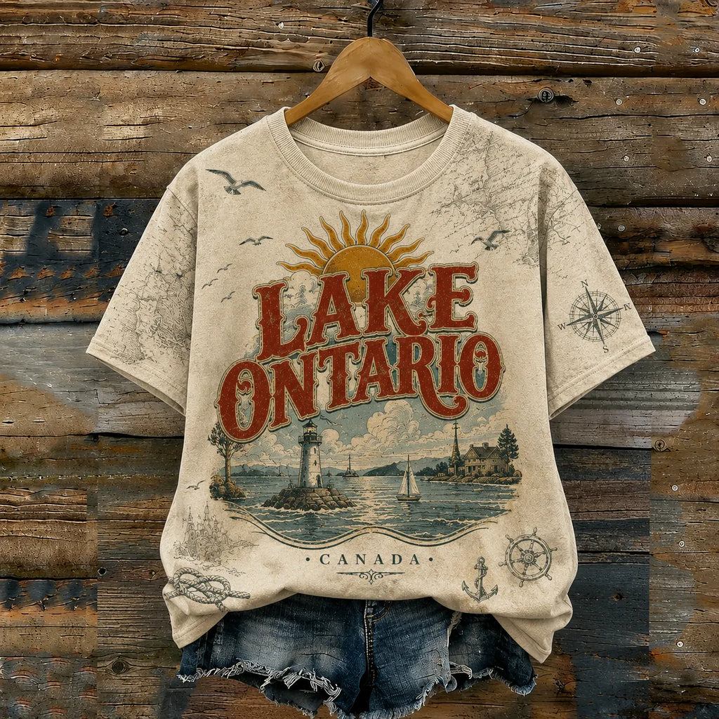Retro Lake Ontario Canadian Lighthouse Sailboat Pattern T-shirt