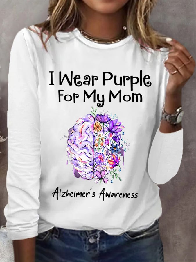 Women's I Wear Purple For My Mom Alzheimer's Awareness Warrior Long-Sleeve T-Shirt