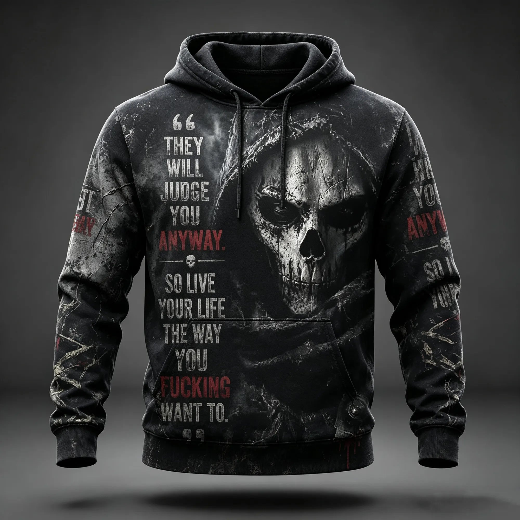 Retro Distressed Gothic Dark Aesthetic Death Skull Slogan Hoodie