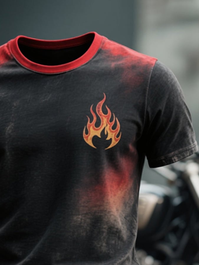 Men's retro gradient flame print round neck short sleeve T-shirt