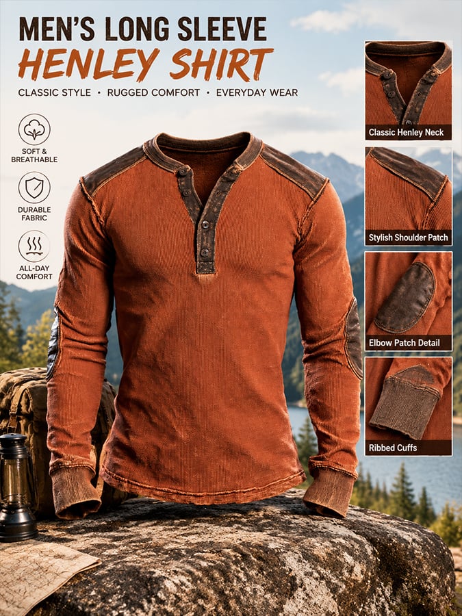 Men's Vintage Comfortable Pure Cotton Color-Block Henley T-Shirt