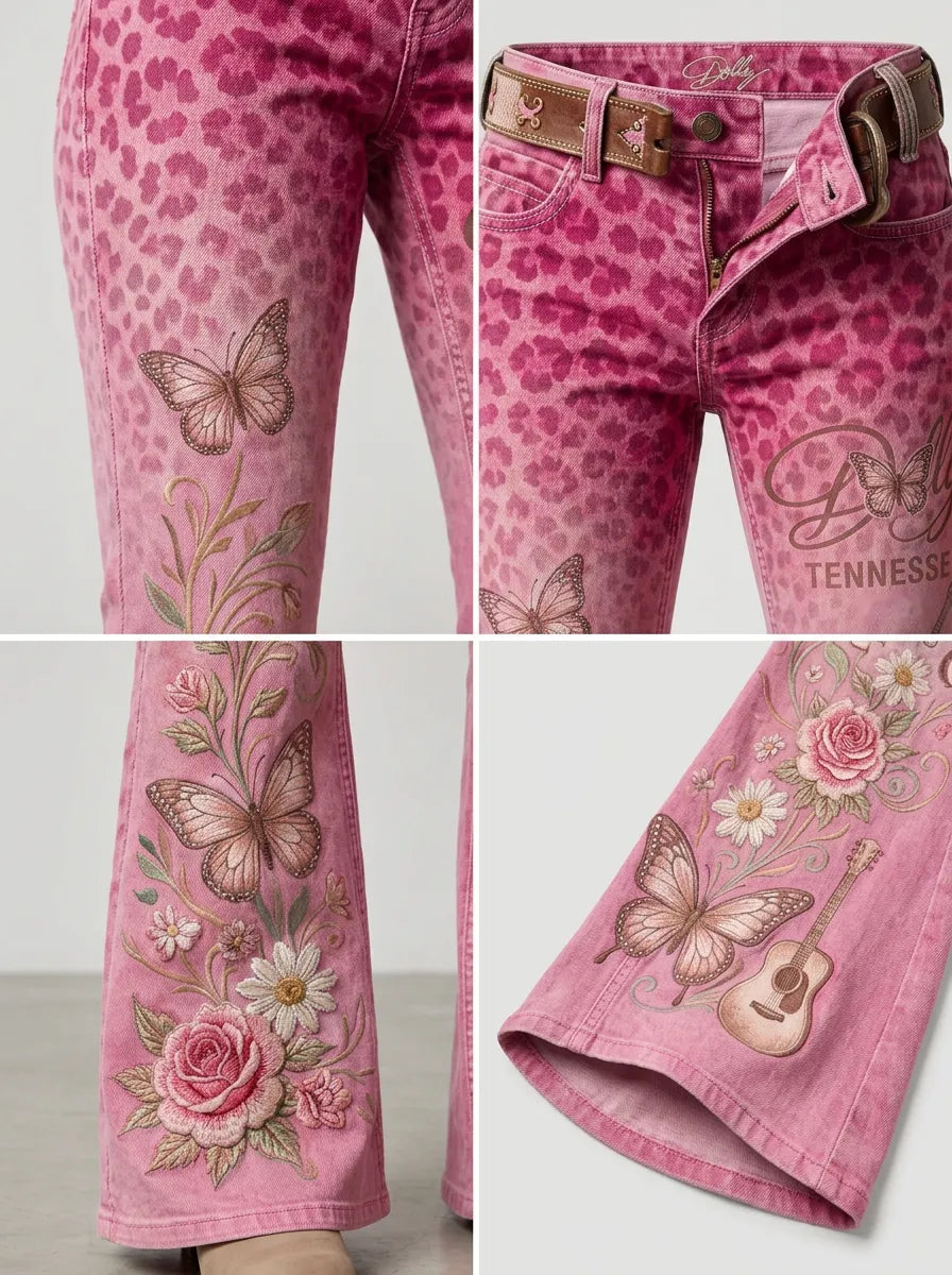 Women's Dolly Parton Tennessee 9to5 Butterfly Rose Guitar Printed Flare Pants