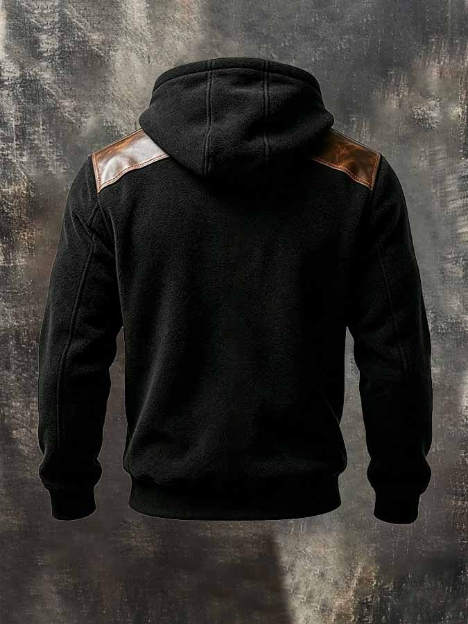 Men'S Vintage Fleece-Lined Hooded Jacket With Leather Paneling