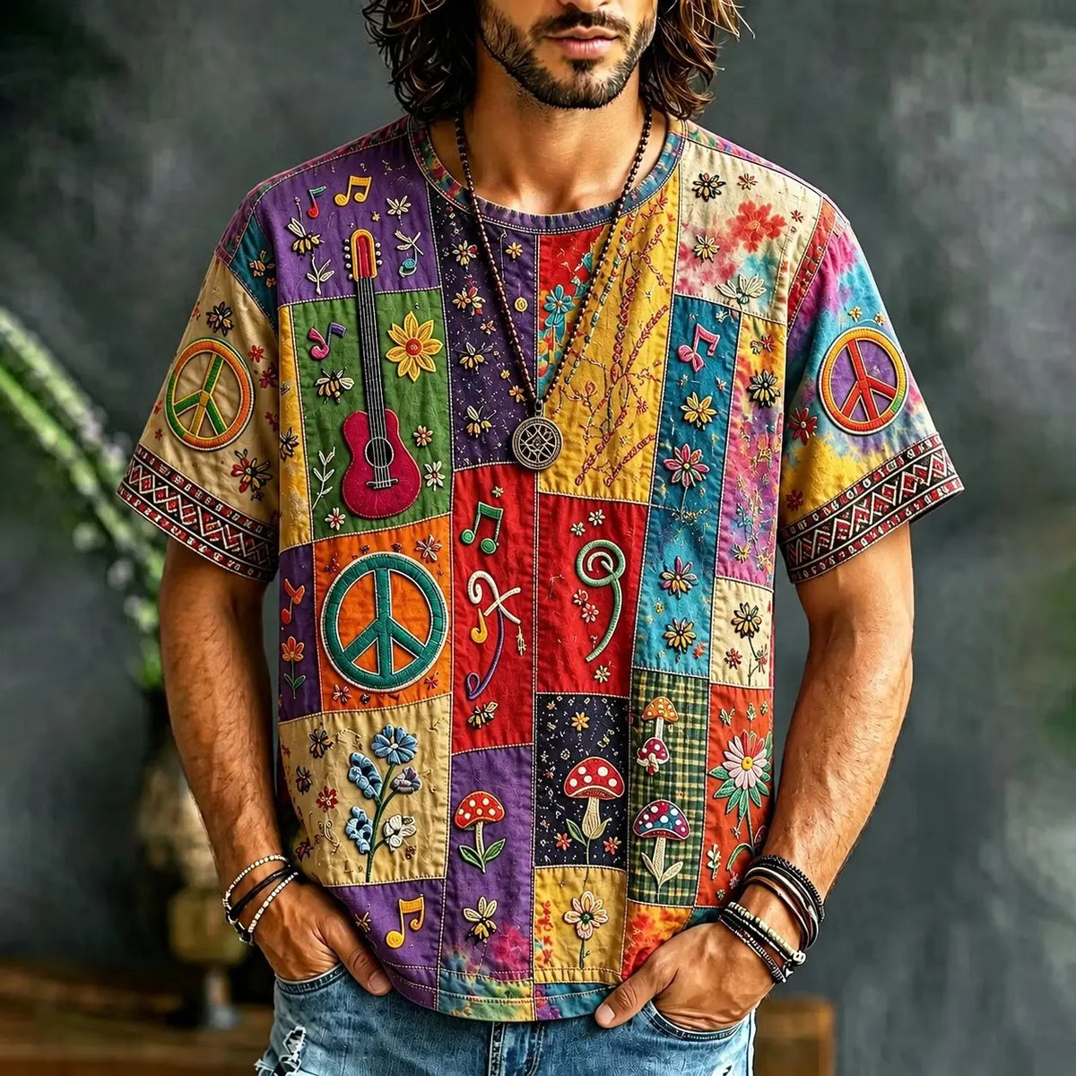Men's Tie Dye Floral Music Note Print Crew Neck Short Sleeve T-Shirt