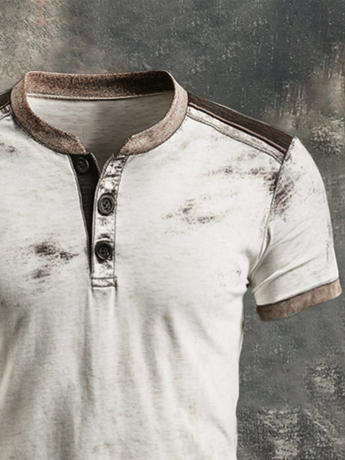 Men's casual retro color block Henley T-shirt