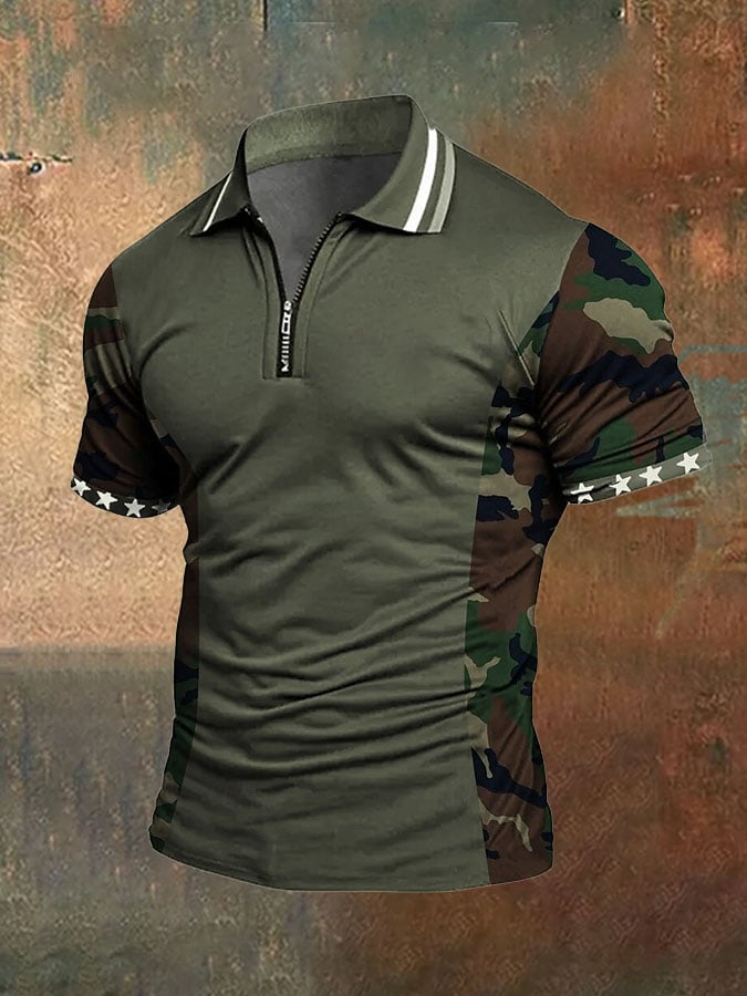 Men's casual penguin zip-up color-block polo shirt