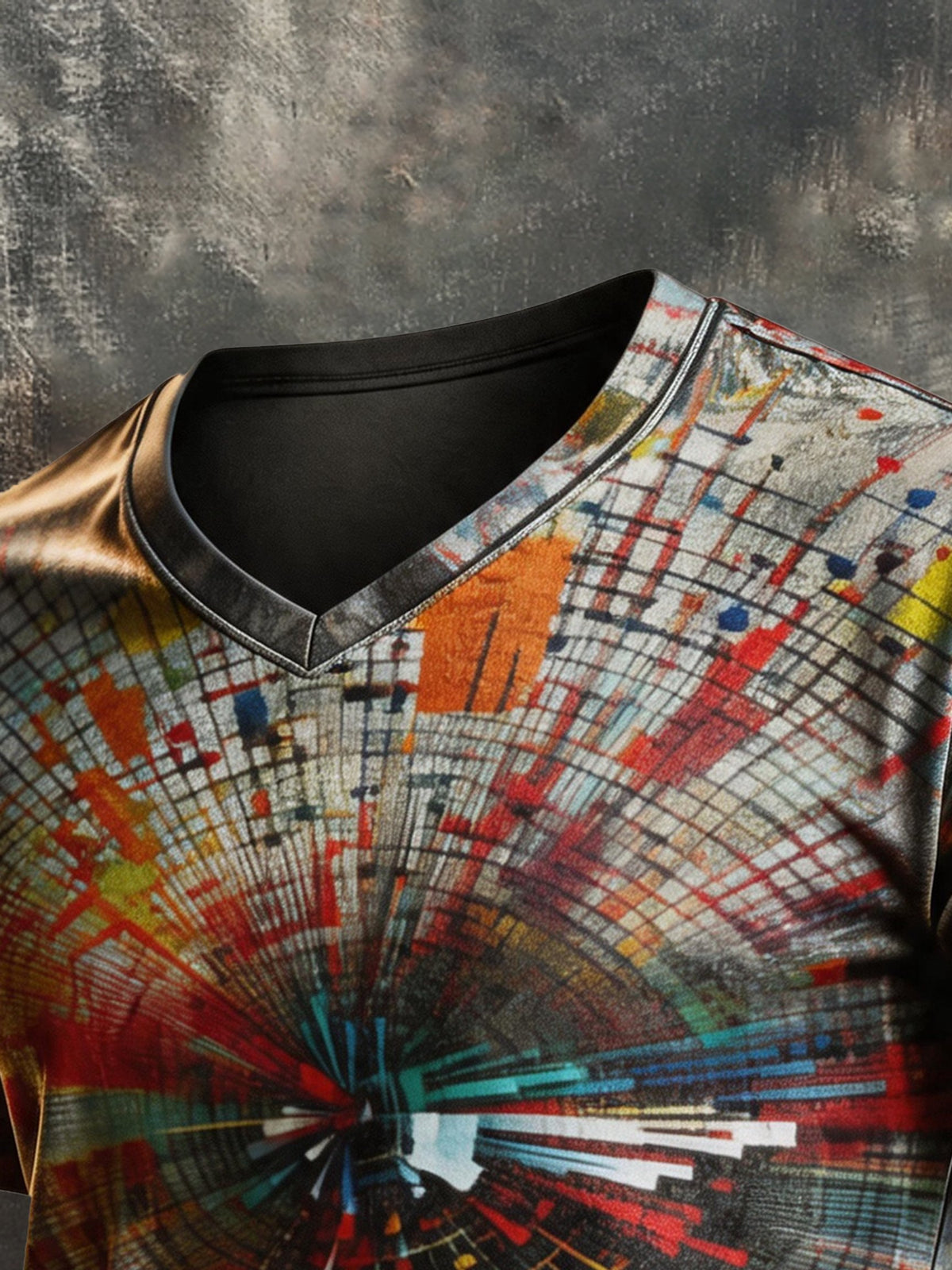 Men's Vintage-Style Distressed Color-Block Print V-Neck Short-Sleeve Top