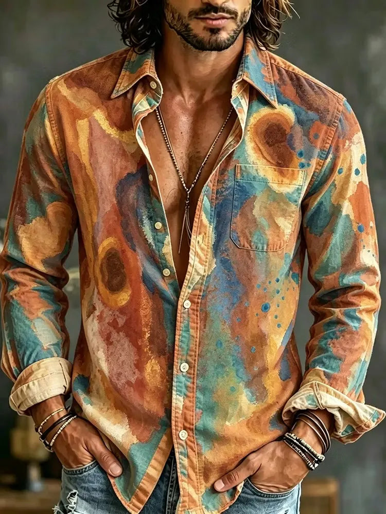 Men's Swirling Warm Earth‐Toned Color Blotches Print Long Sleeve Pocket Shirt
