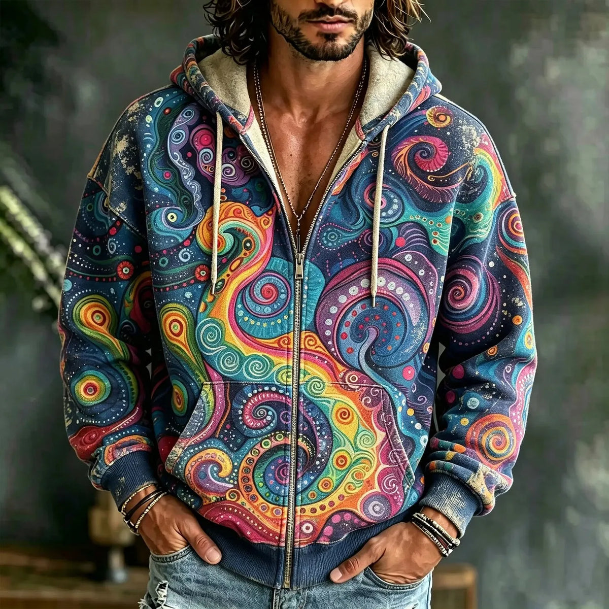 Men's Psychedelic Swirl Dot Curlicue Motif Print Zipper Hoodies