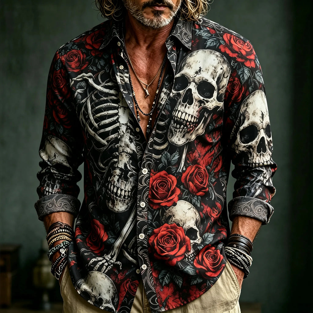 Men's Retro Vacation Rose Skull Print Long-sleeved Cotton Linen Shirt