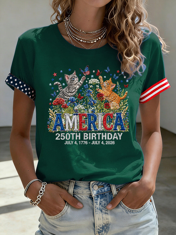 Women'S American Flag Kitten Printed Casual T-Shirt