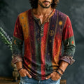 Men's Vertical Stripes and Celestial Print Henry Collar Long Sleeve T-Shirt