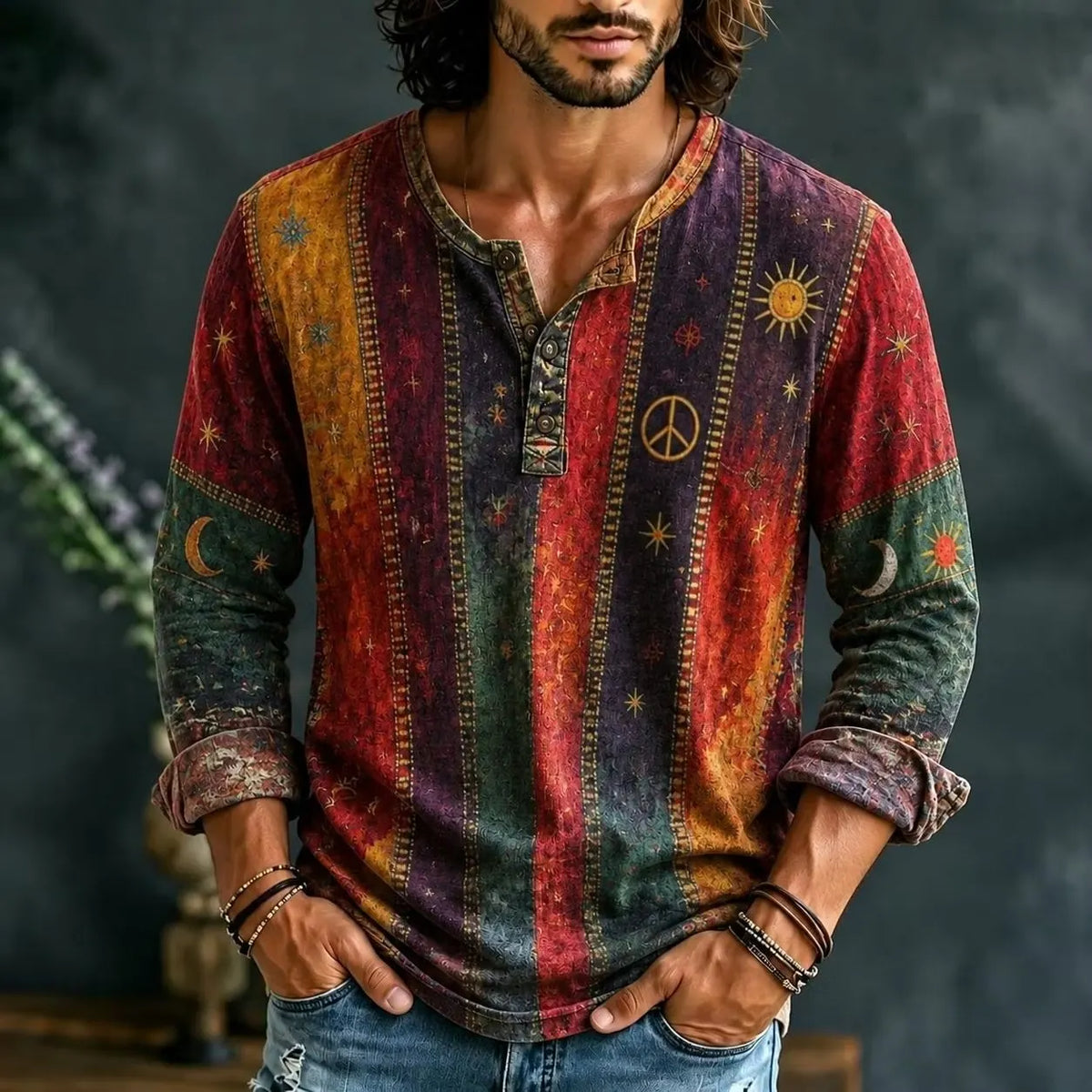 Men's Vertical Stripes and Celestial Print Henry Collar Long Sleeve T-Shirt