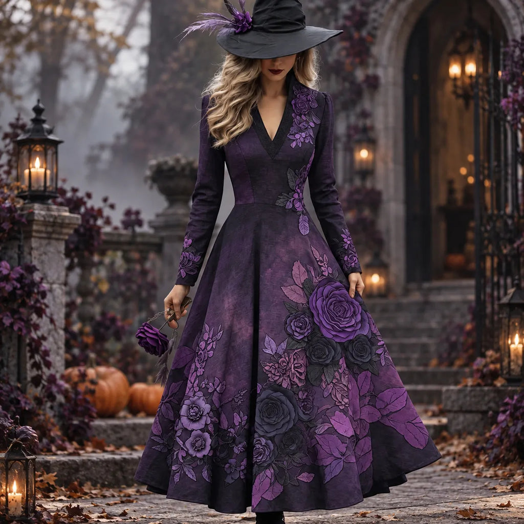 Women's Vintage Halloween Purple Rose Art Comfy Maxi Dress