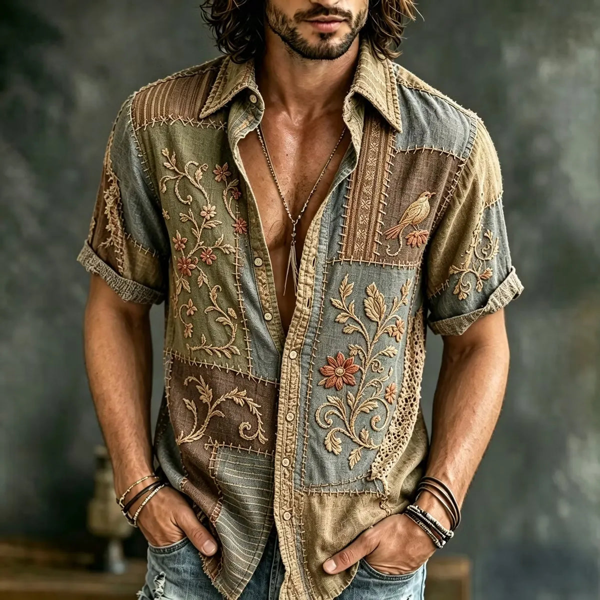 Men's Twisted Vine Blossom Cluster Sparrow Print Short Sleeve Buttons Shirt