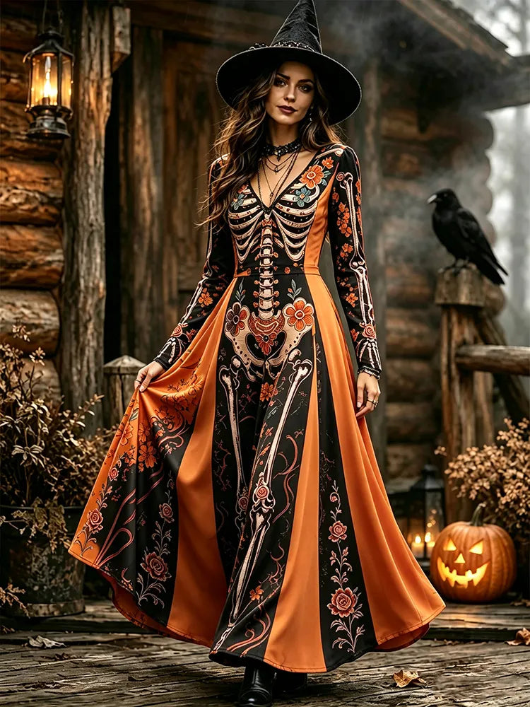 Women's Floral Skeleton Color Block Print Halloween V-neck Long Sleeve Dress