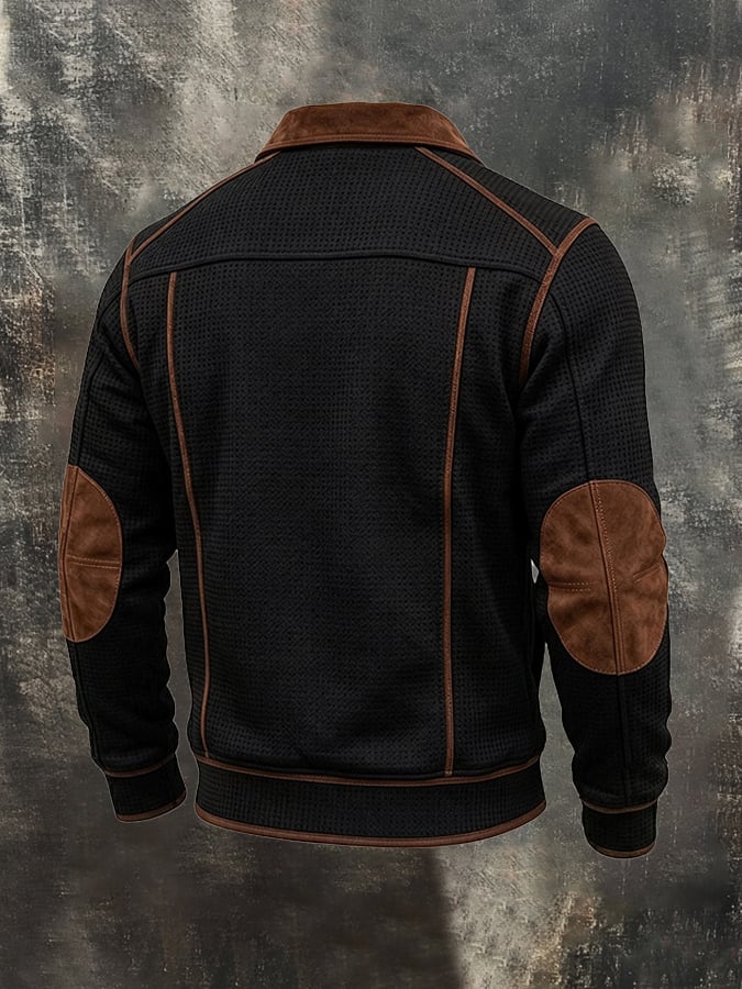 Men's Retro Color-Block Jacket: Fleece-Lined Thermal Waffle-Knit & Faux Suede Panel Design
