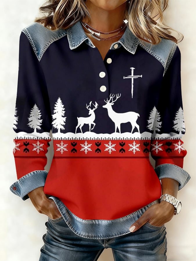 Women's Christmas Faith Print Long Sleeve Lapel Buttoned Sweatshirt