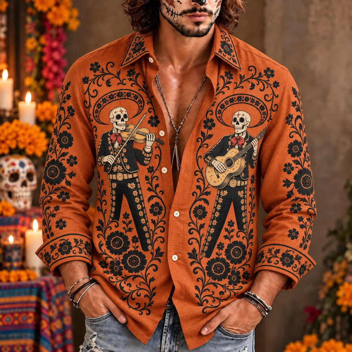 Men‘s Retro Mexico Day Of The Dead Sugar Floral Skull Printed Long-sleeved Shirt