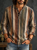 Men's Retro Vertical Striped Print Henry Collar Long Sleeve T-Shirt