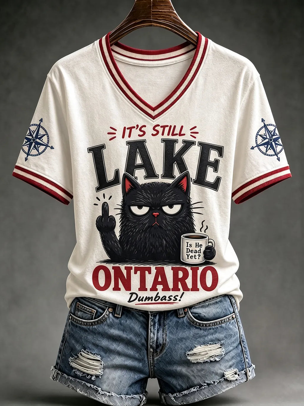 Women’s Vintage Lake Cat Art Print V Neck Casual T-shirt