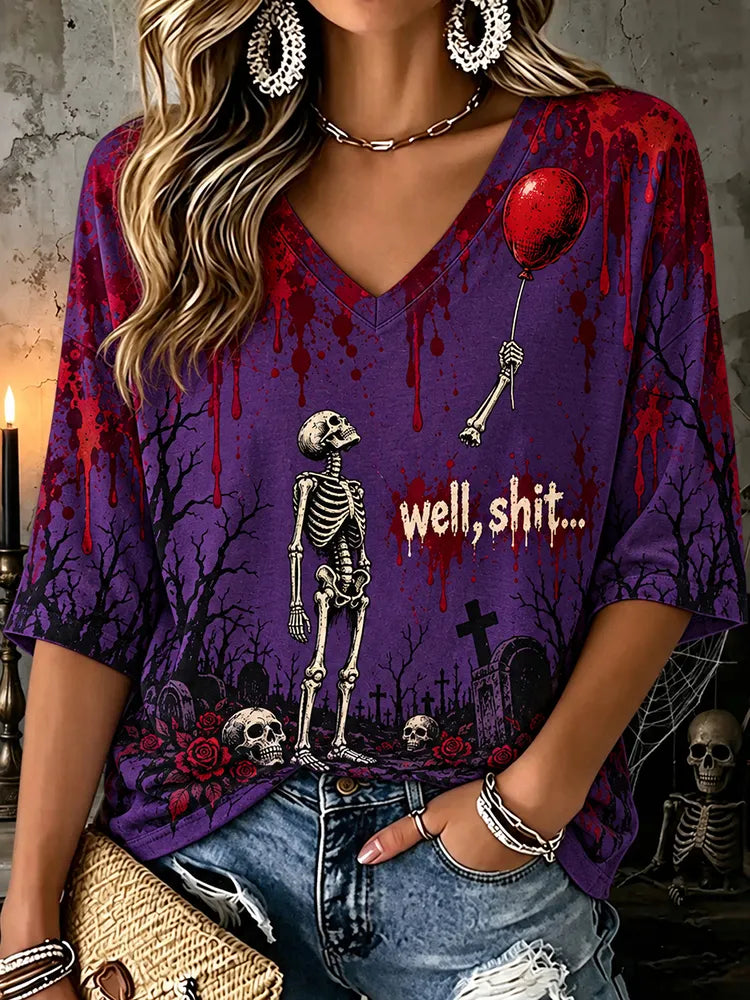 Women's Vintage Skeleton Lost Balloon Well Shit Funny Skeleton Graphic Printed Mid-length Sleeves V-neck T-shirt