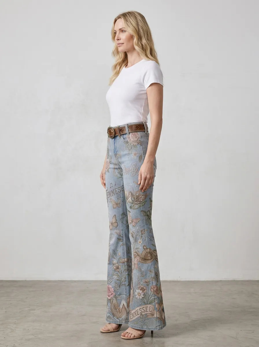 Women's Dolly Parton Country Music Guitar Rose Printed Flare Pants