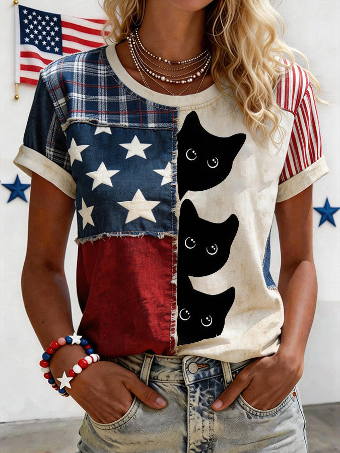 Women'S Casual Patriotic Cat Printed Short Sleeved T-Shirt