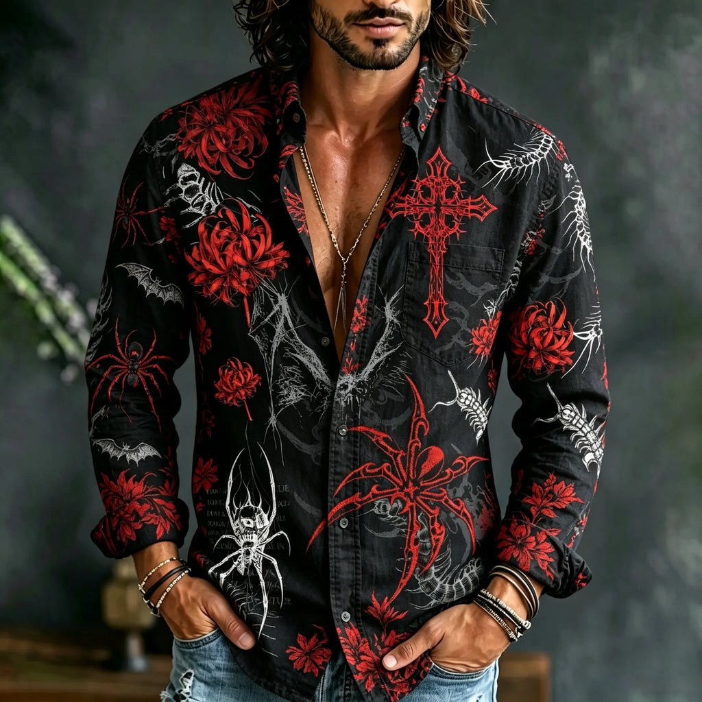 Men's Retro Halloween Spider Floral Cross Print Long-sleeve Cotton Linen Shirt