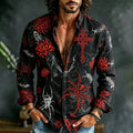 Men's Retro Halloween Spider Floral Cross Print Long-sleeve Cotton Linen Shirt