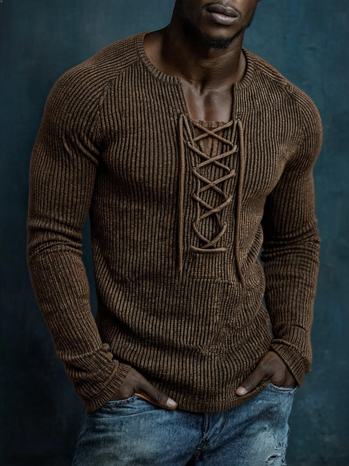 Men's Vintage-Wash Ribbed Lace-Up Long-Sleeve T-Shirt